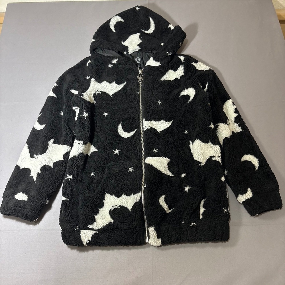 The Grave Girls Hoodie Womens Small Black Bat Moon Star Sherpa Fleece Zip Up